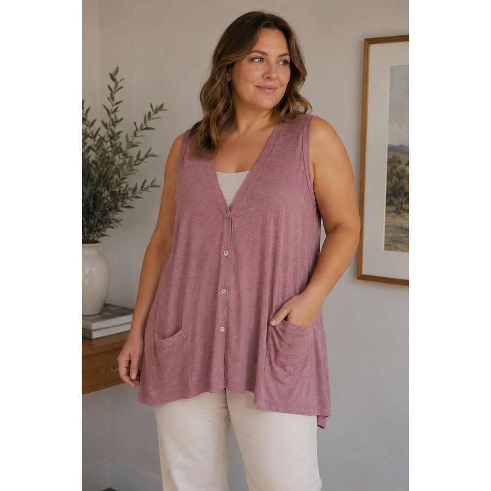 LOGO by Lori Goldstein Pink Sleeveless Button Front Tunic Cardigan Pockets‎ 2X